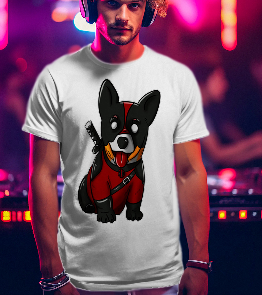 Corgipool Corgi Deadpool Merchandise Red Black Costume Sword Dog Iconic Character Image T-Shirt