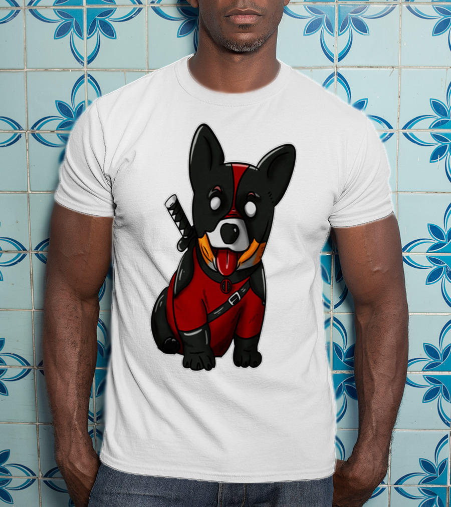 Corgipool Corgi Deadpool Merchandise Red Black Costume Sword Dog Iconic Character Image T-Shirt