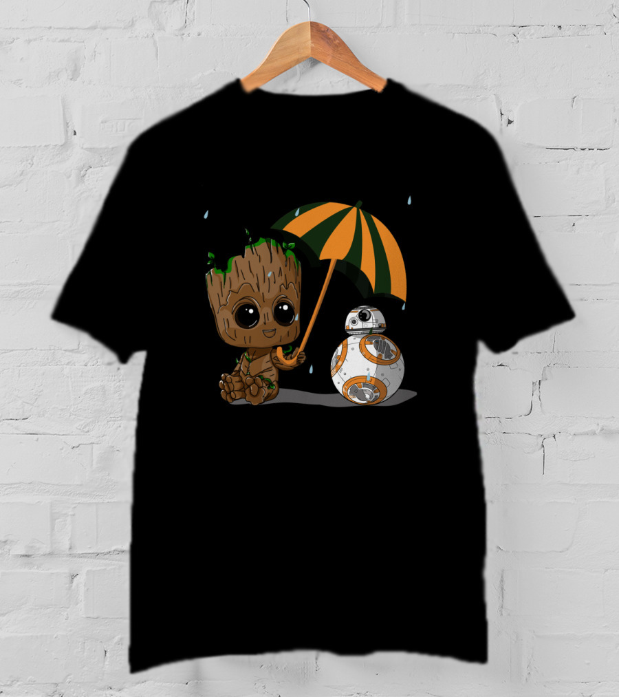 Groot And BB-8 Under Orange Green Umbrella With Raindrops T-Shirt
