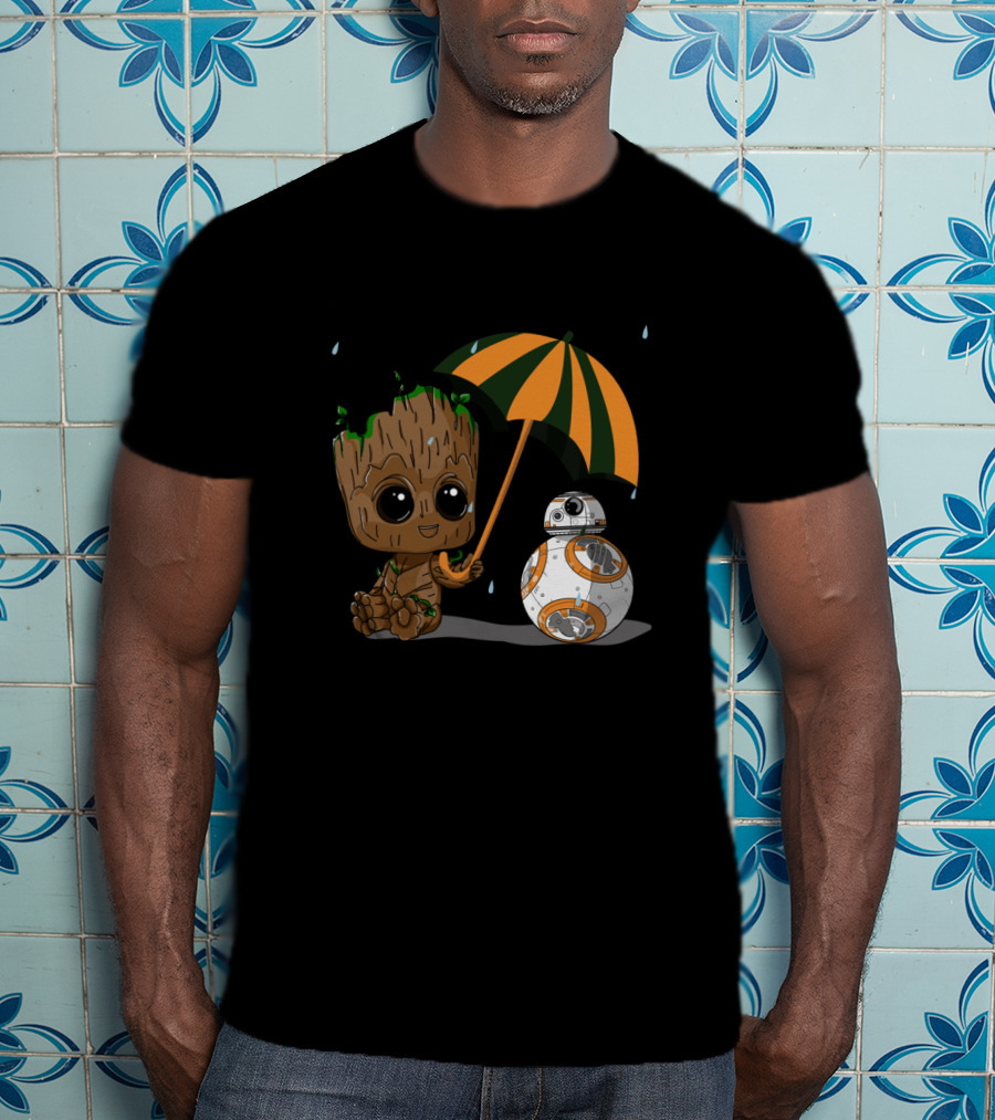 Groot And BB-8 Under Orange Green Umbrella With Raindrops T-Shirt