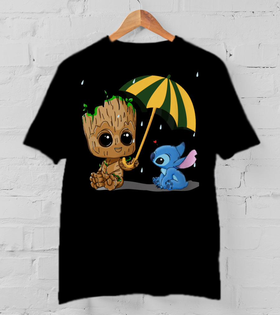 Groot And Little Stitch Friendship Under Umbrella With Raindrops And Heart T-Shirt