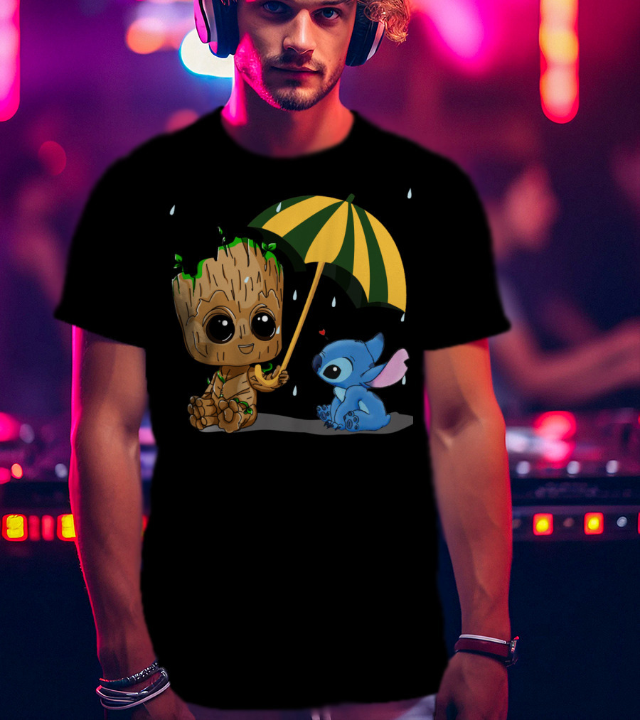 Groot And Little Stitch Friendship Under Umbrella With Raindrops And Heart T-Shirt