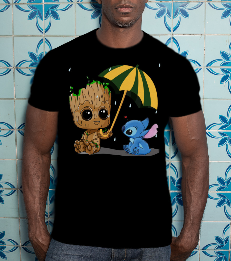 Groot And Little Stitch Friendship Under Umbrella With Raindrops And Heart T-Shirt
