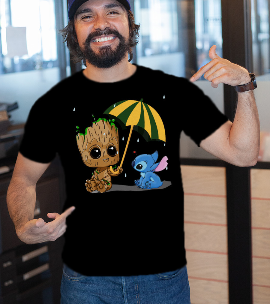 Groot And Little Stitch Friendship Under Umbrella With Raindrops And Heart T-Shirt