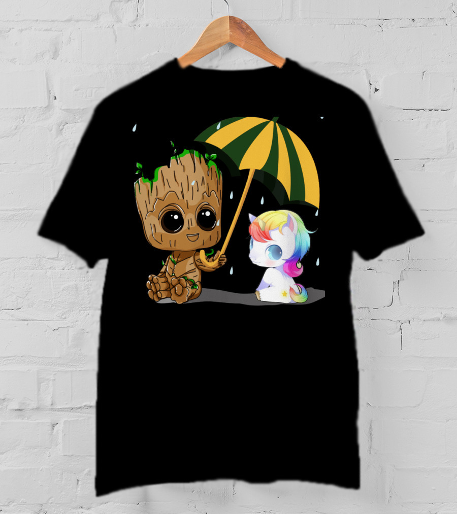 Groot Holding Umbrella Sitting With Cute Rainbow Unicorn T-Shirt