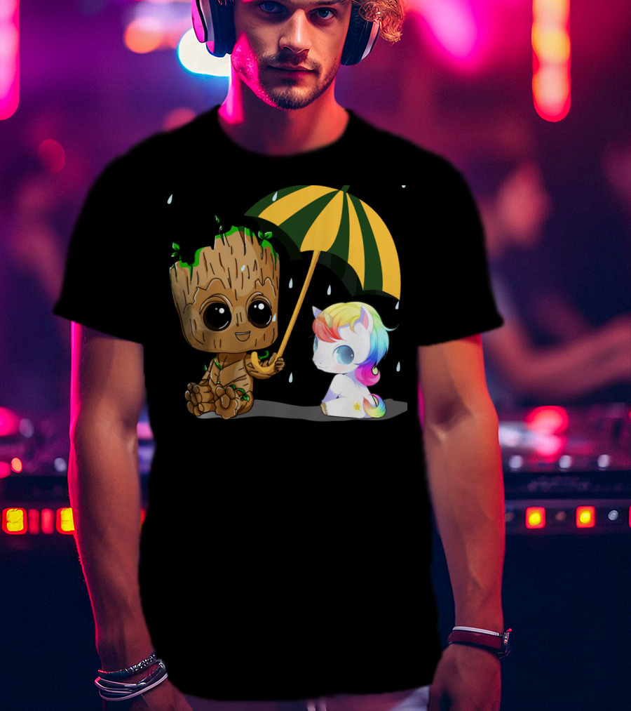 Groot Holding Umbrella Sitting With Cute Rainbow Unicorn T-Shirt