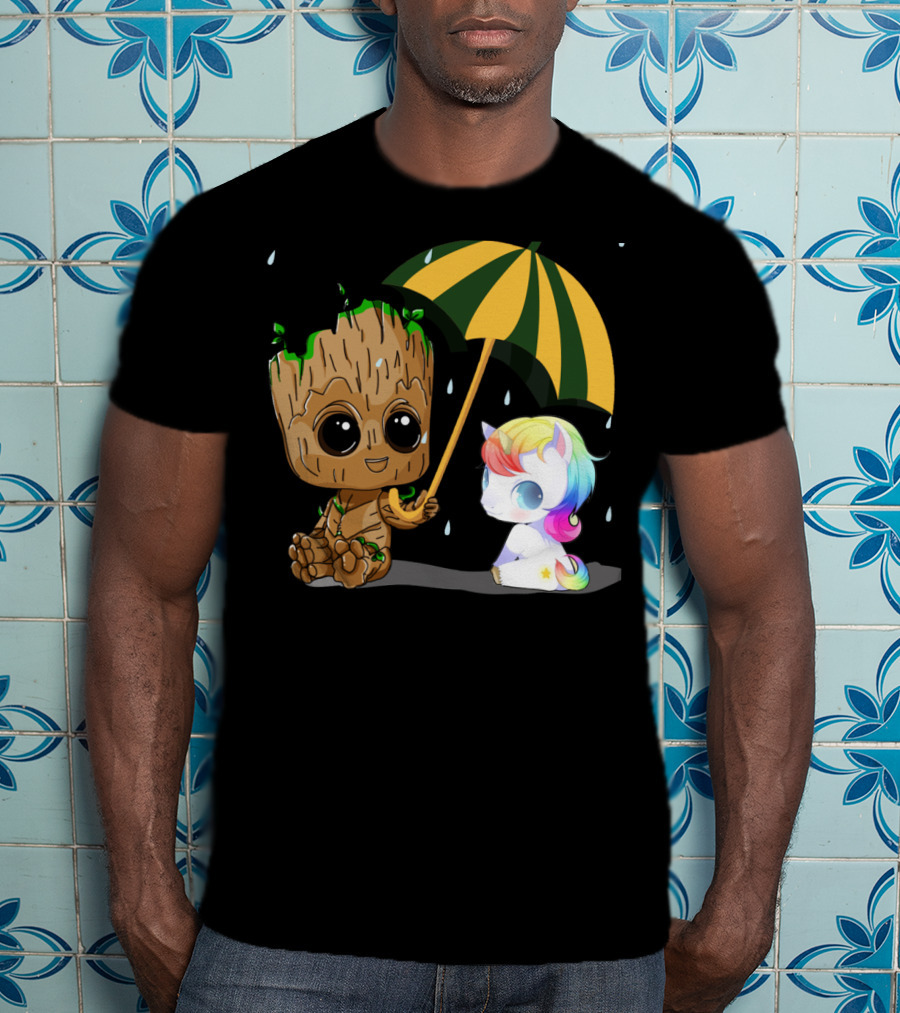 Groot Holding Umbrella Sitting With Cute Rainbow Unicorn T-Shirt