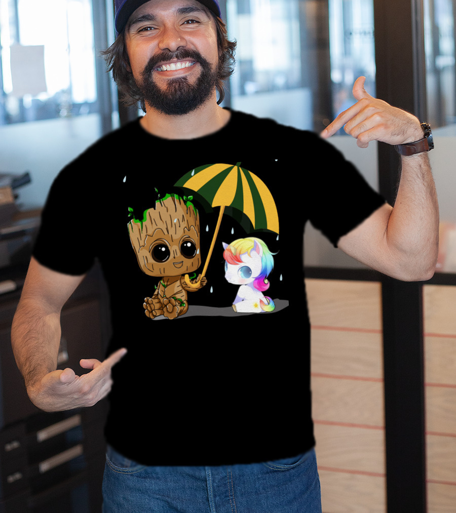 Groot Holding Umbrella Sitting With Cute Rainbow Unicorn T-Shirt