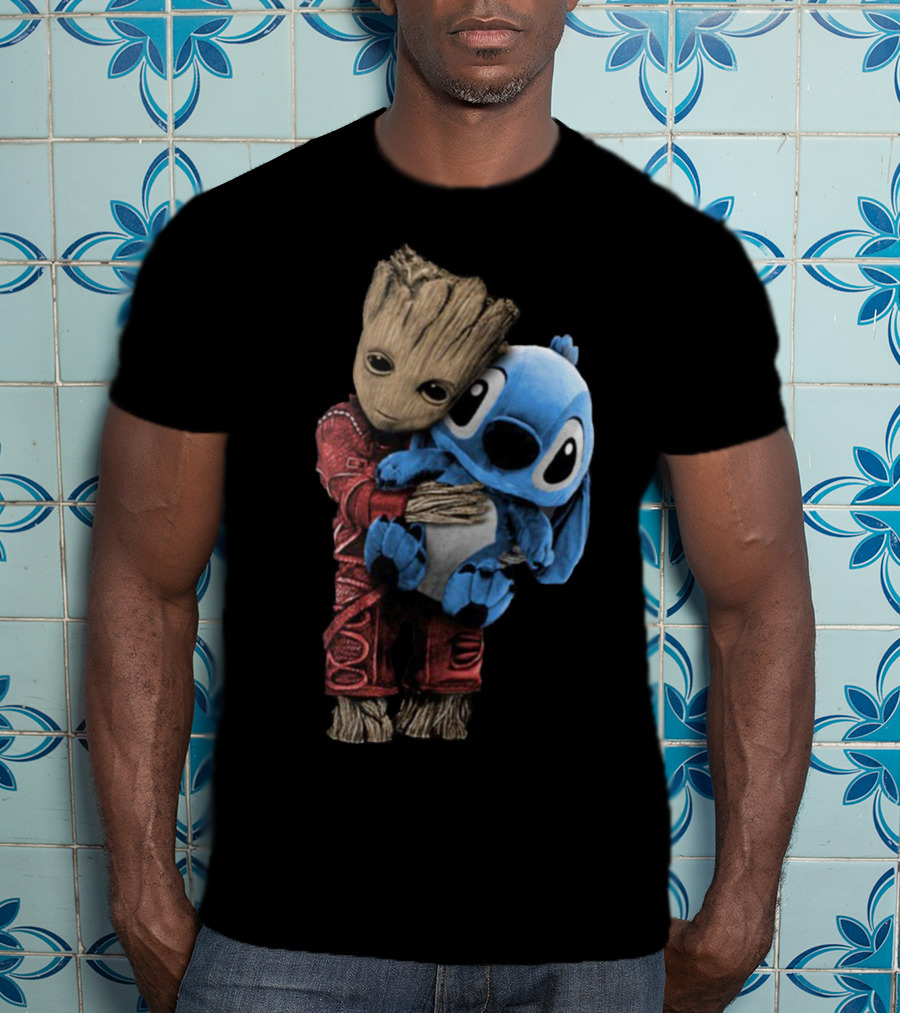 Groot And Baby Stitch Hugging Compilation Disney Marvel Crossover T-Shirt