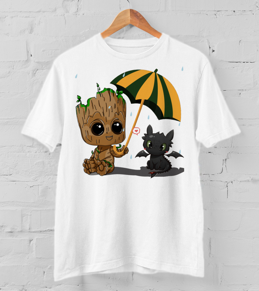 Groot And Little Hiccup Dragon Sharing Umbrella In The Rain T-Shirt