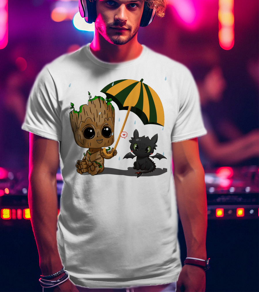Groot And Little Hiccup Dragon Sharing Umbrella In The Rain T-Shirt