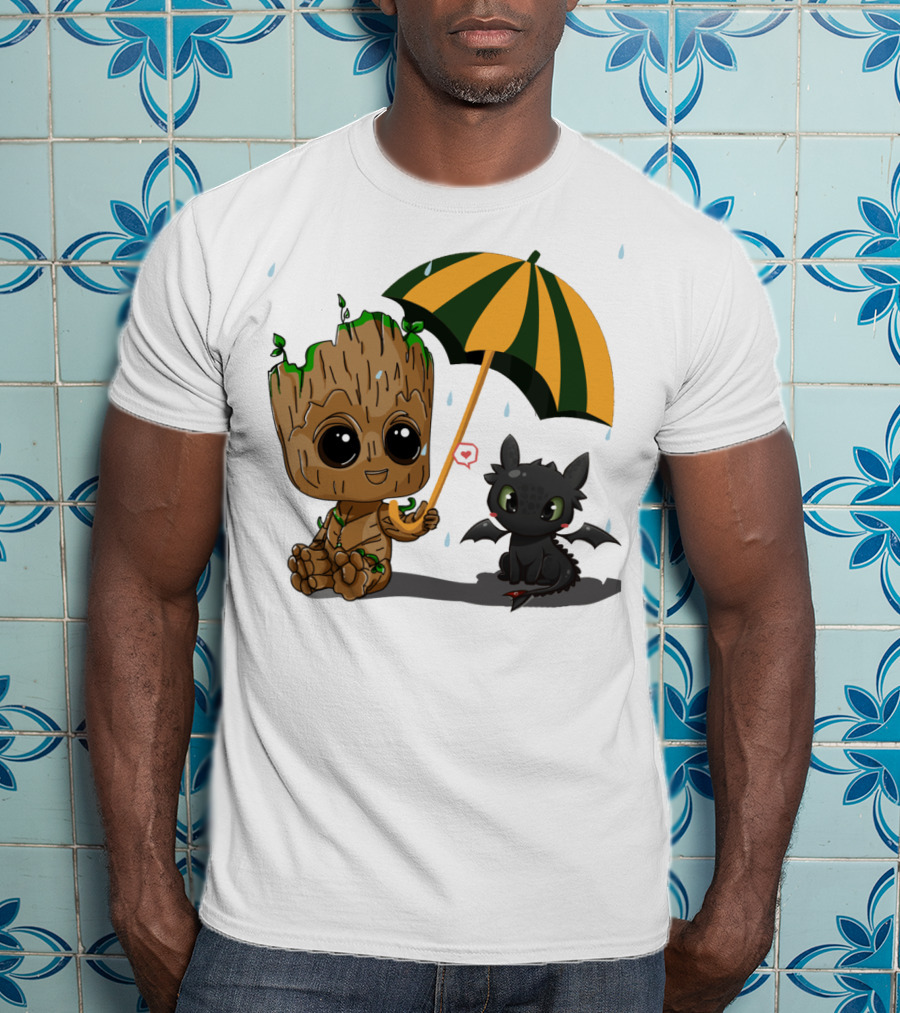 Groot And Little Hiccup Dragon Sharing Umbrella In The Rain T-Shirt