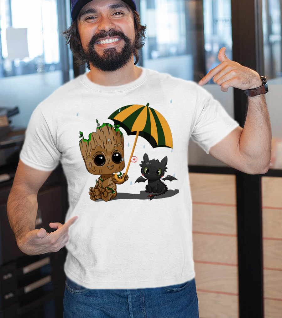 Groot And Little Hiccup Dragon Sharing Umbrella In The Rain T-Shirt