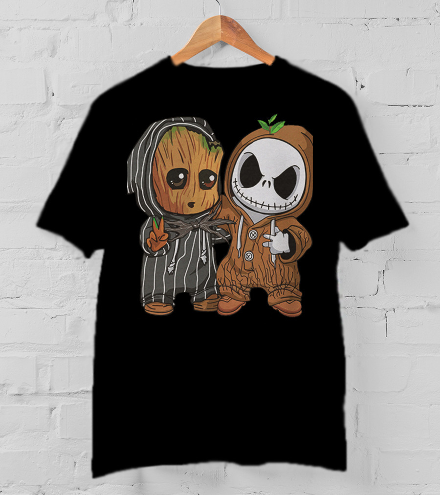 Groot In Striped Hoodie And Jack Skellington In Wood-Patterned Suit T-Shirt