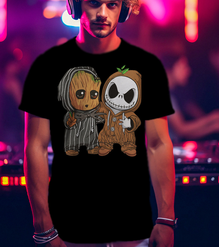 Groot In Striped Hoodie And Jack Skellington In Wood-Patterned Suit T-Shirt