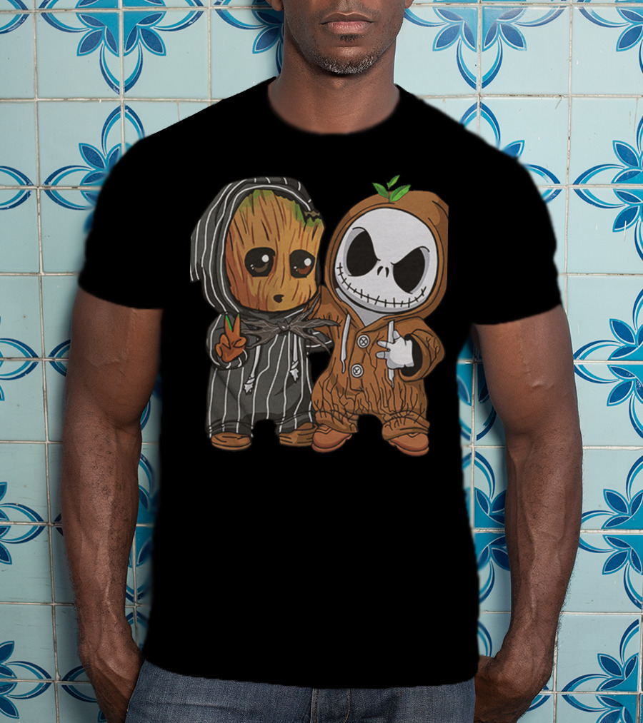 Groot In Striped Hoodie And Jack Skellington In Wood-Patterned Suit T-Shirt