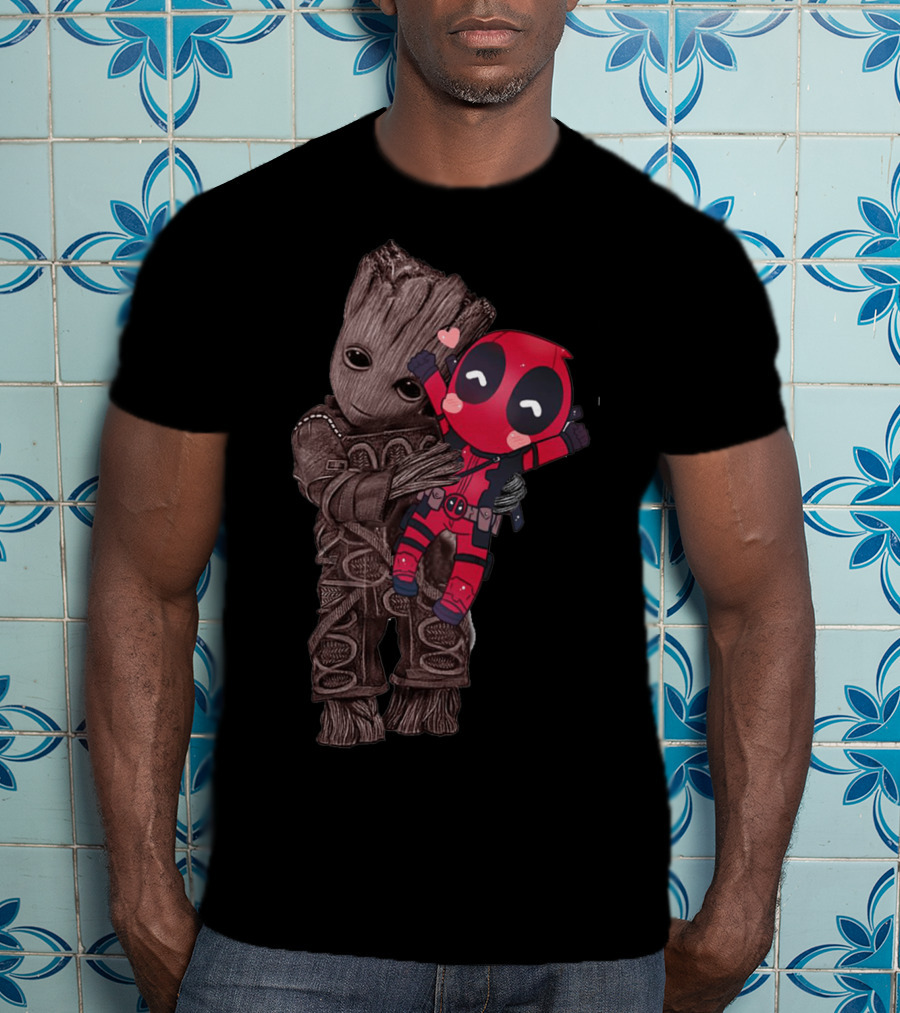 Groot Hugging Chibi Deadpool With Hearts T-Shirt