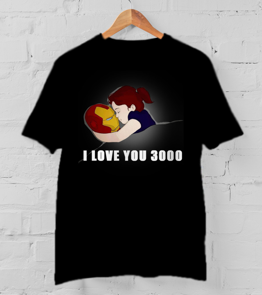 Morgan Stark Hugging Iron Man Helmet With I Love You 3000 Text T-Shirt