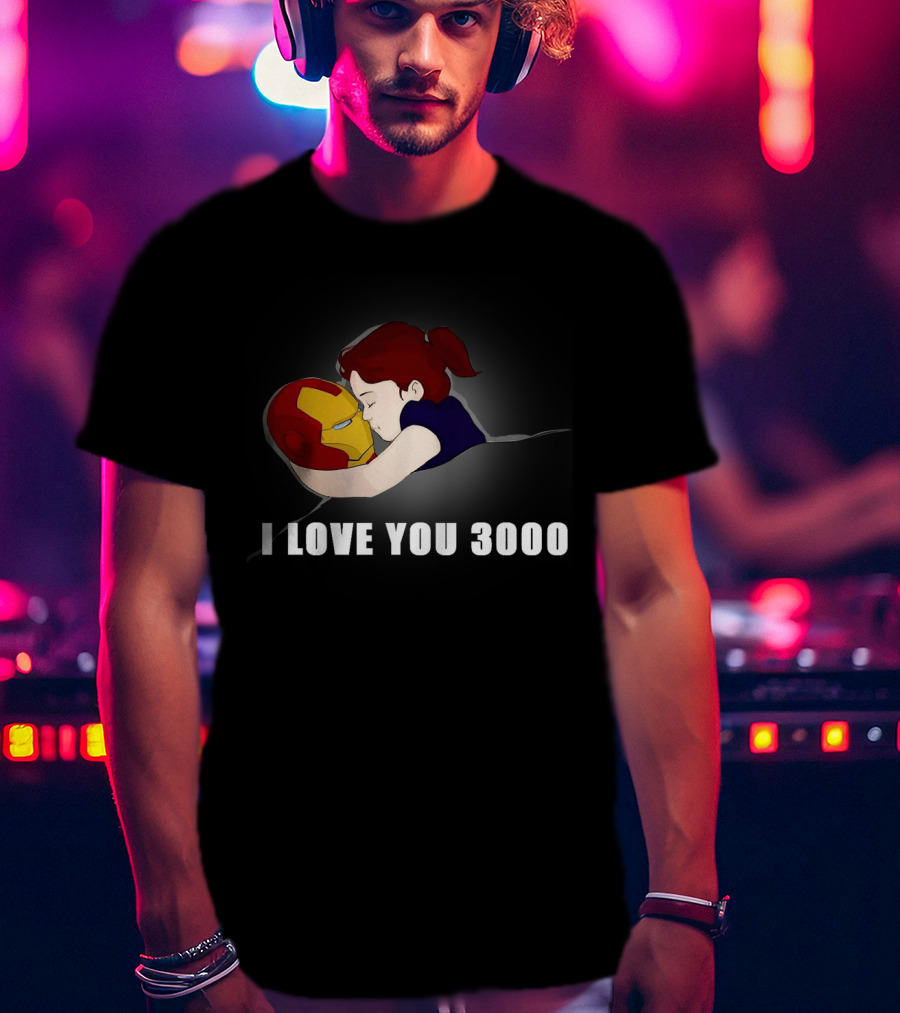 Morgan Stark Hugging Iron Man Helmet With I Love You 3000 Text T-Shirt