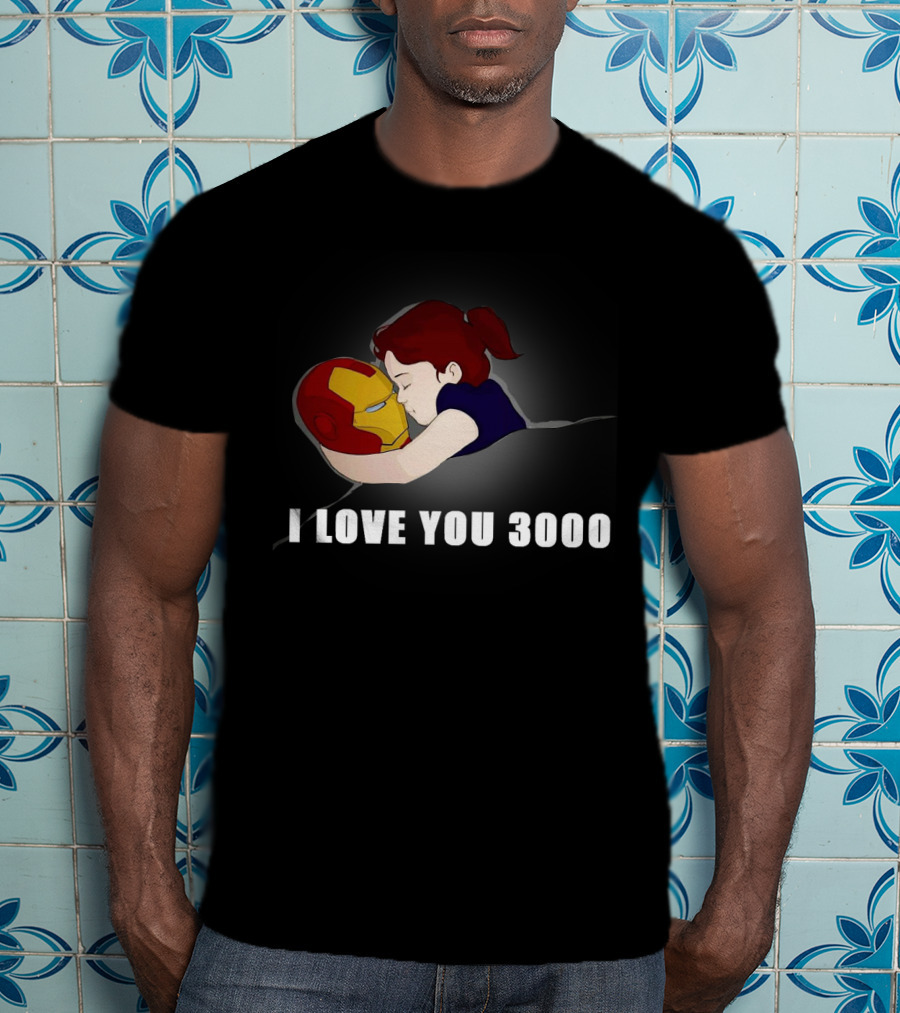 Morgan Stark Hugging Iron Man Helmet With I Love You 3000 Text T-Shirt