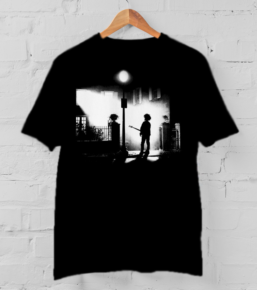 Curexorcist Gothic Silhouette Under Streetlight With Guitar In Black And White Urban Scene T-Shirt