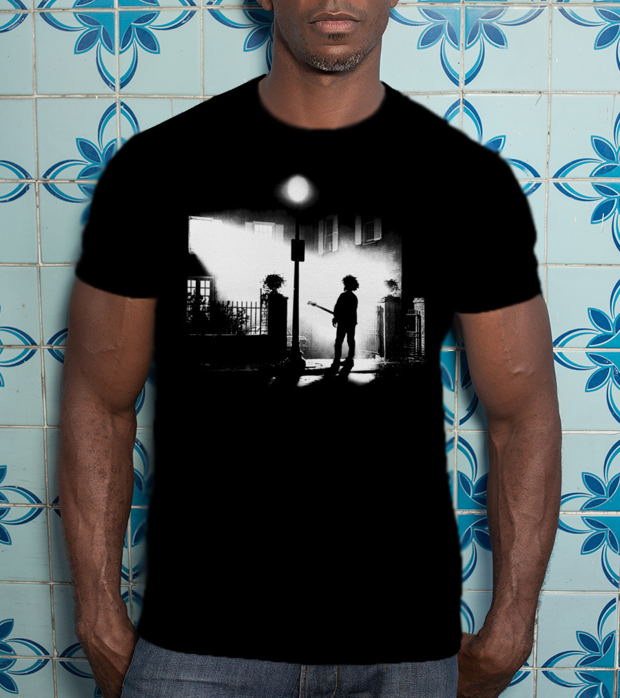 Curexorcist Gothic Silhouette Under Streetlight With Guitar In Black And White Urban Scene T-Shirt