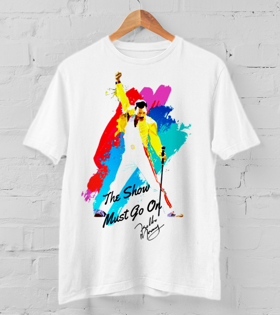 Queen The Show Must Go On Signature Artwork Colorful Freddie Mercury Image T-Shirt
