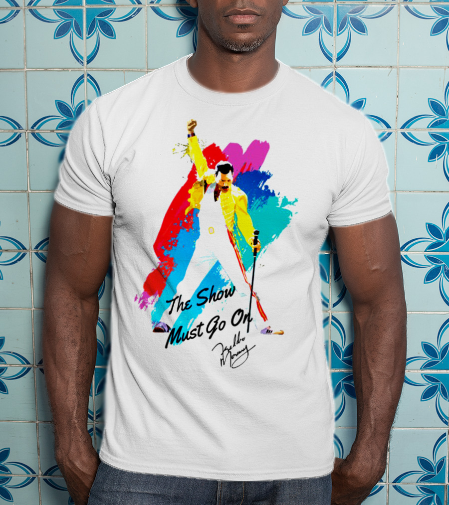 Queen The Show Must Go On Signature Artwork Colorful Freddie Mercury Image T-Shirt
