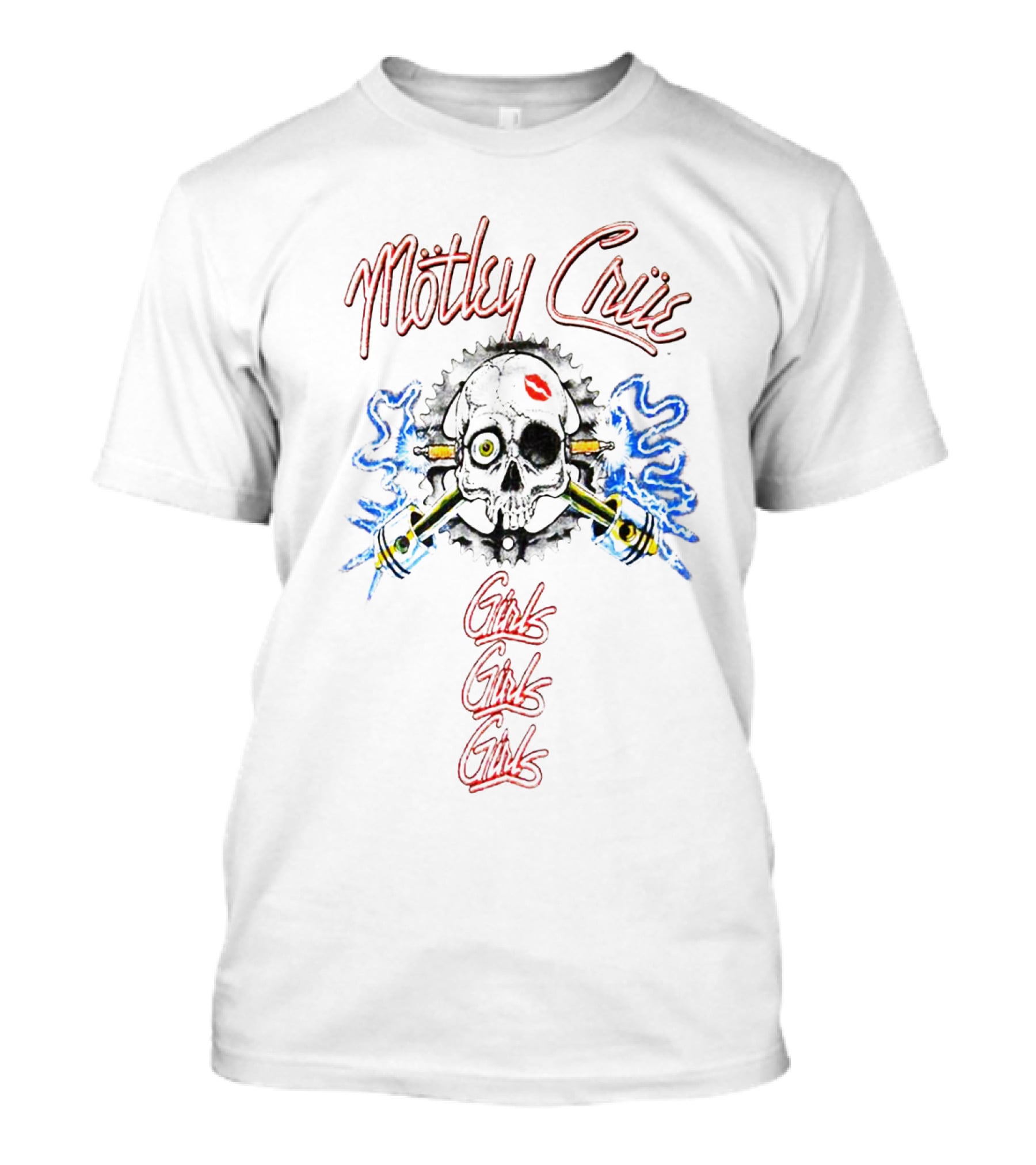 Mötley Crüe Girls Girls Girls Skull And Crossbones With Smoking Pistons And Red Lips Kiss T-Shirt