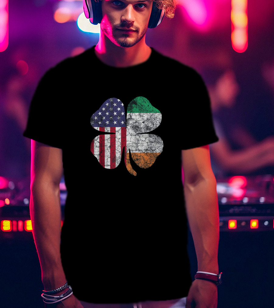 Irish American Flag Shamrock With Stars And Stripes And Tricolor Elements T-Shirt