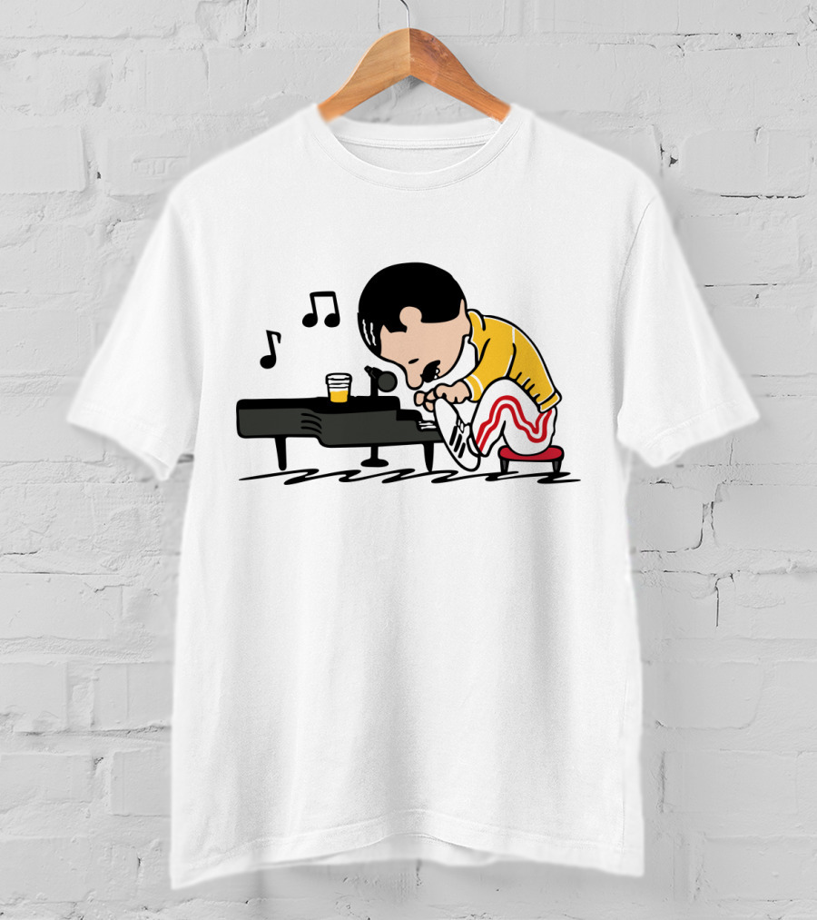 Freddie Mercury Cartoon At Piano With Music Notes And Beer Glass T-Shirt