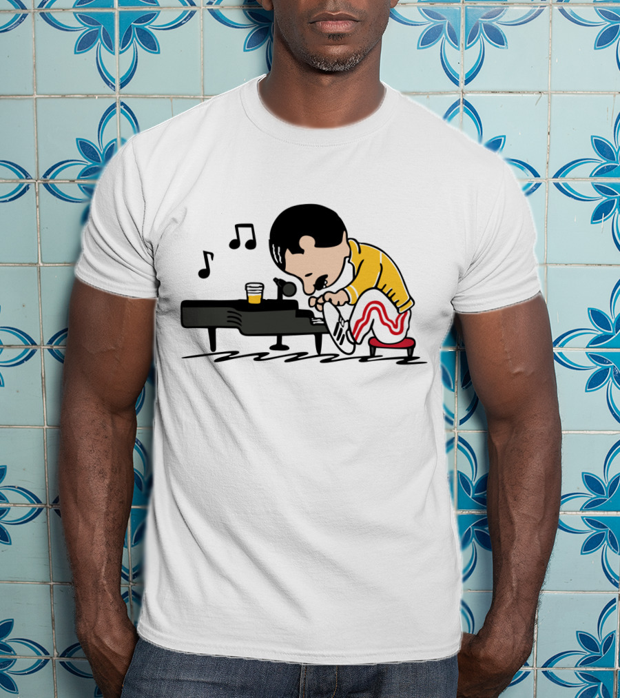 Freddie Mercury Cartoon At Piano With Music Notes And Beer Glass T-Shirt