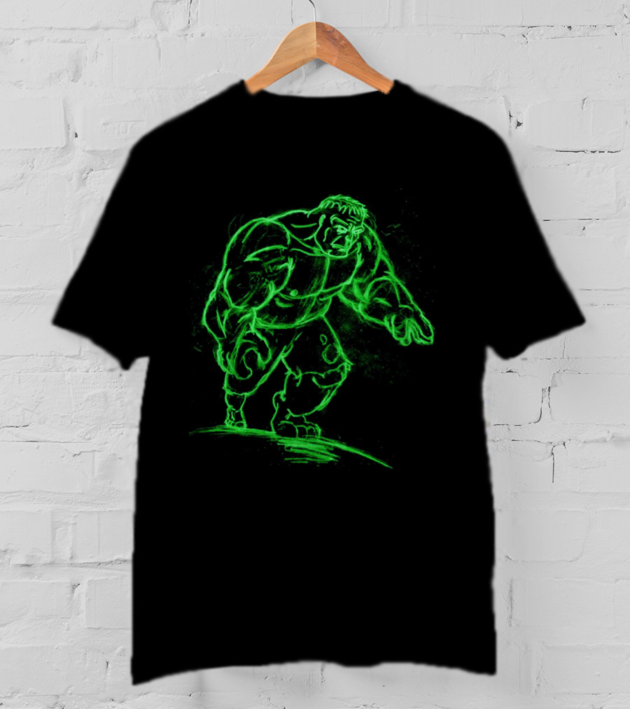 Green Neon Sketch Of Hulk In Dynamic Stance T-Shirt