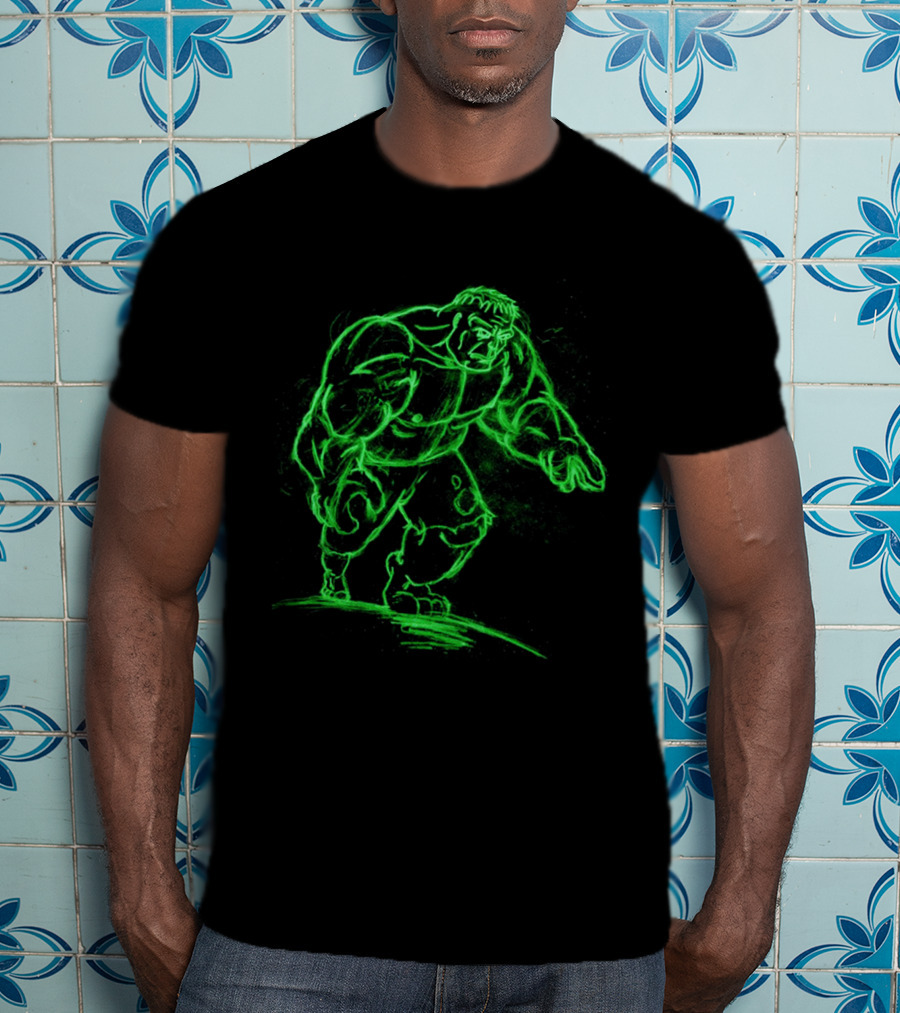 Green Neon Sketch Of Hulk In Dynamic Stance T-Shirt
