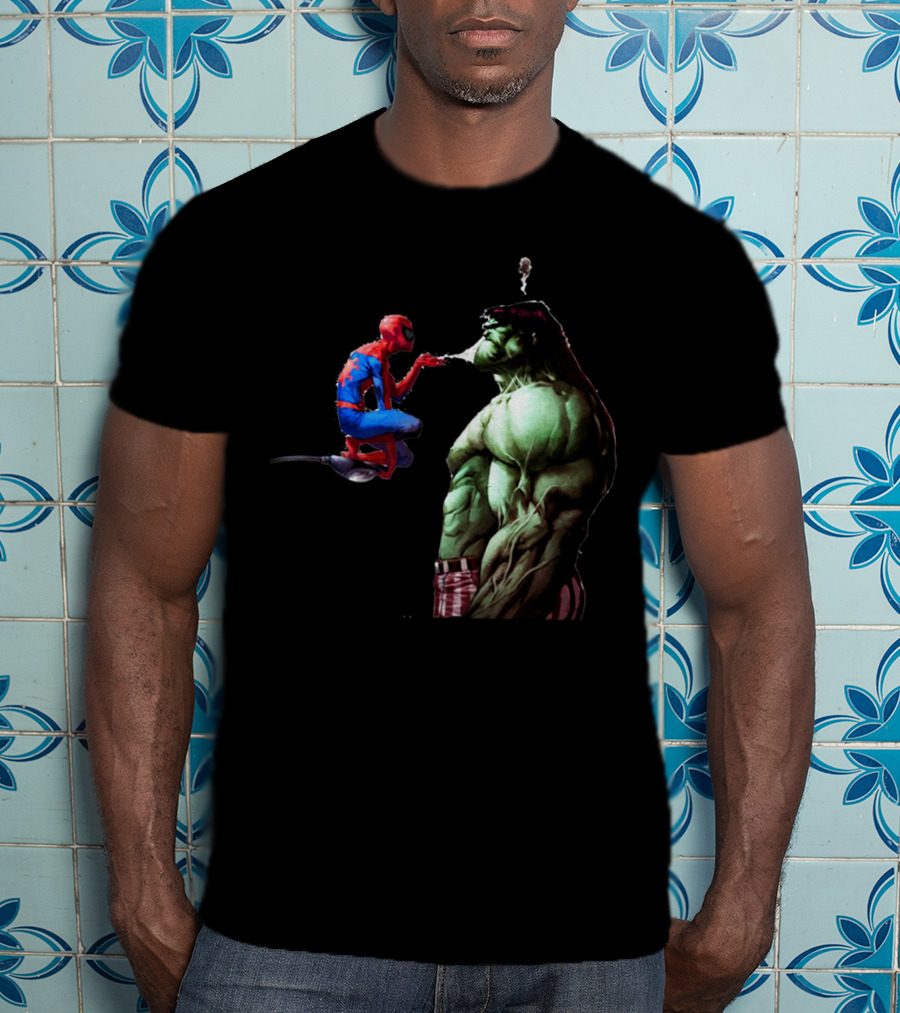 Hulk And Spiderman Coffee Confrontation Iconic Moment T-Shirt