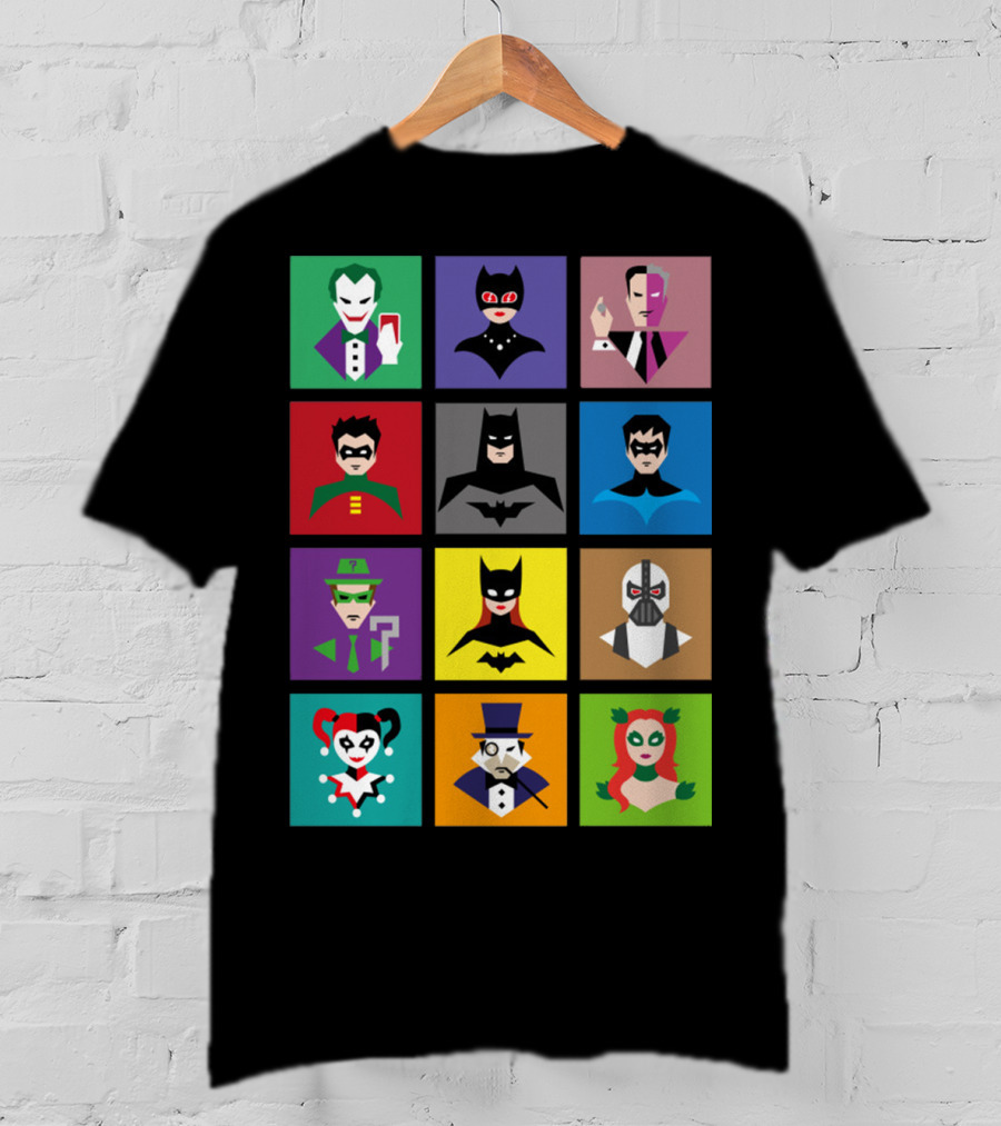 Batman Animated Villains Heroes Joker Catwoman Two-Face Robin Nightwing Riddler Batgirl Bane Harley Quinn Penguin Poison Ivy T-Shirt