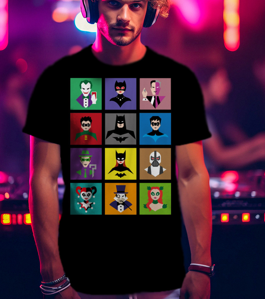 Batman Animated Villains Heroes Joker Catwoman Two-Face Robin Nightwing Riddler Batgirl Bane Harley Quinn Penguin Poison Ivy T-Shirt