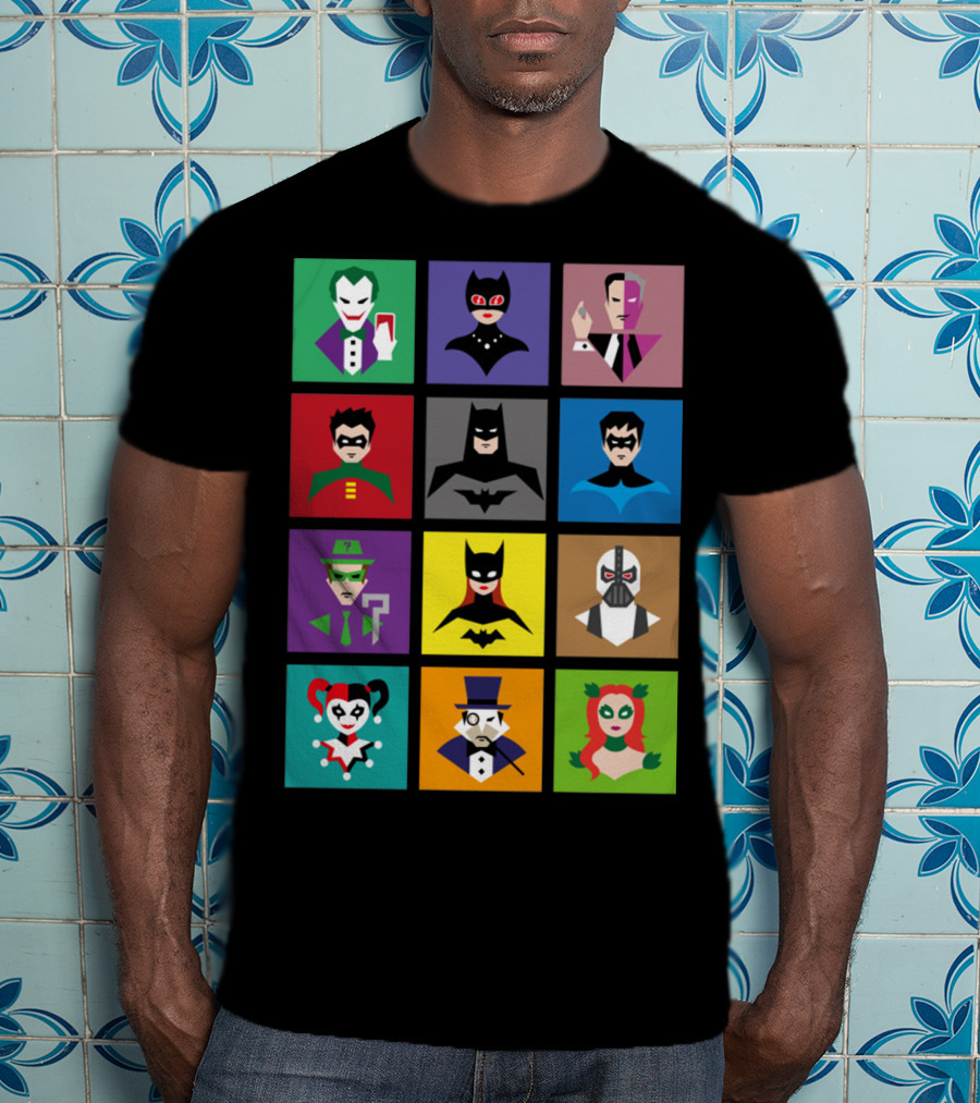 Batman Animated Villains Heroes Joker Catwoman Two-Face Robin Nightwing Riddler Batgirl Bane Harley Quinn Penguin Poison Ivy T-Shirt