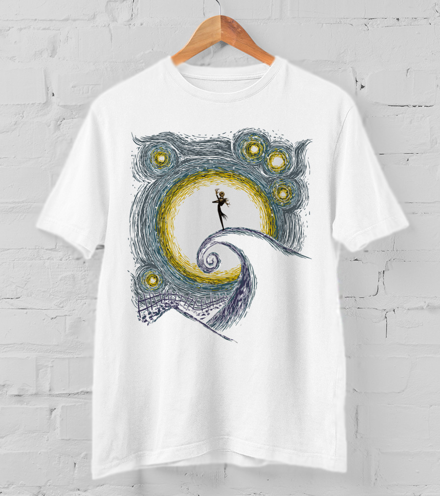 Jack Skellington On Curled Hill With Starry Night Inspired Background T-Shirt