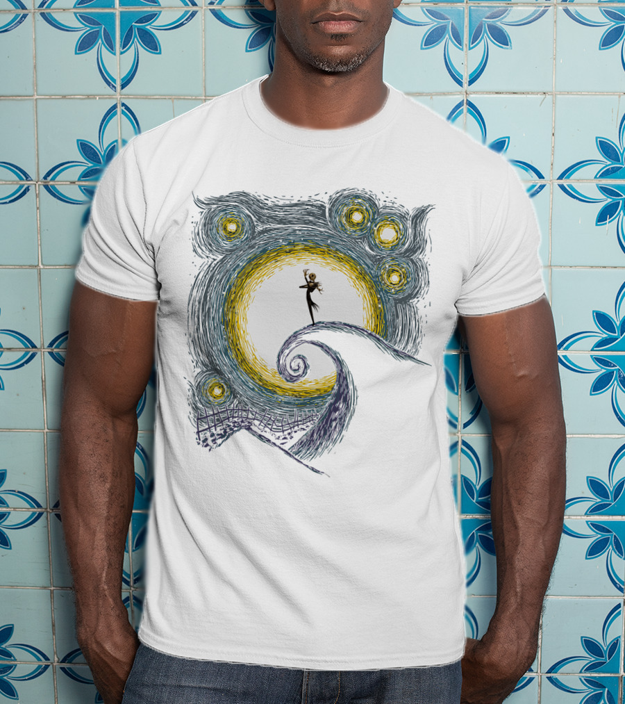 Jack Skellington On Curled Hill With Starry Night Inspired Background T-Shirt