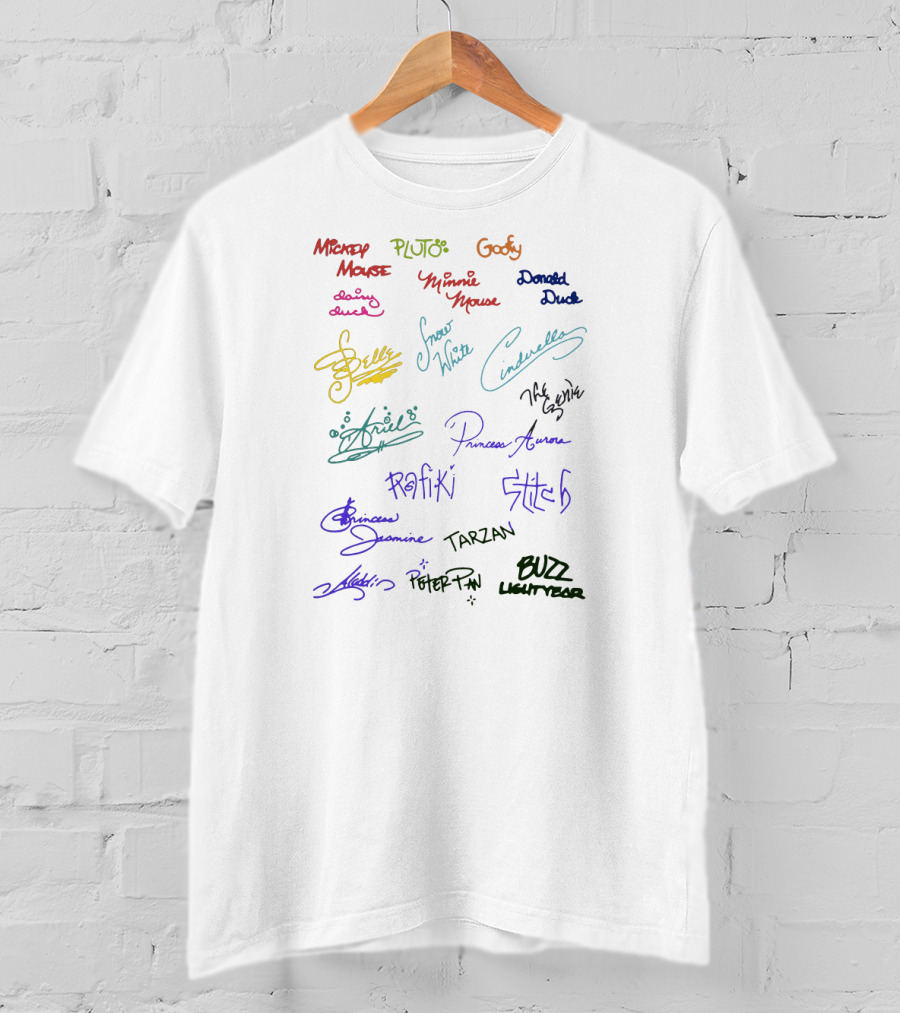 Mickey Mouse Pluto Goofy Minnie Donald Belle Snow White Cinderella Ariel Aurora Rafiki Stitch Jasmine Tarzan Mulan Peter Pan Buzz Lightyear Signatures T-Shirt