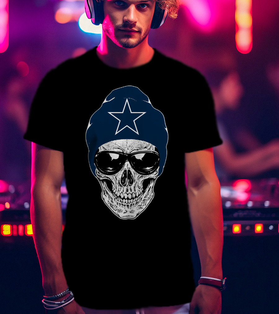 Dallas Cowboys Skull With Star Beanie And Sunglasses T-Shirt