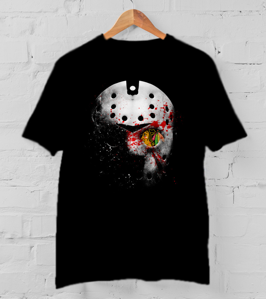 Chicago Blackhawks Jason Mask Blood Splatter Nhl Horror Crossover T-Shirt
