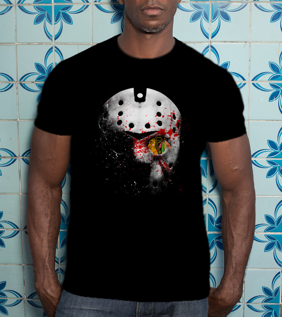Chicago Blackhawks Jason Mask Blood Splatter Nhl Horror Crossover T-Shirt