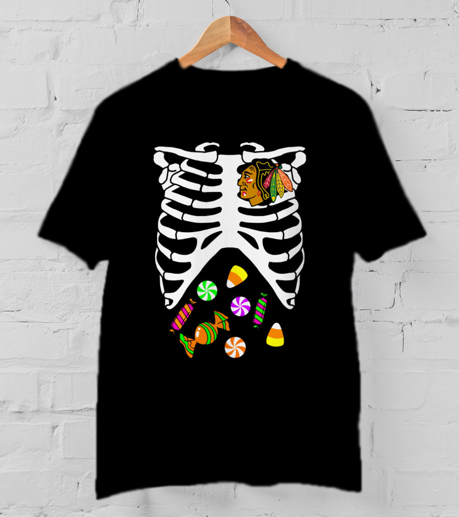 Chicago Blackhawks Skeleton Candy Ribcage Halloween T-Shirt