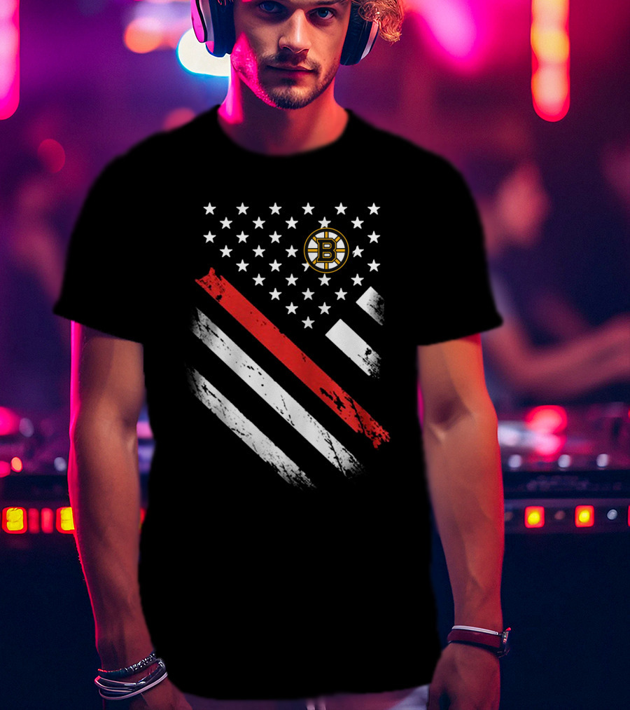 Boston Bruins American Flag Hockey Logo Stars Stripes T-Shirt