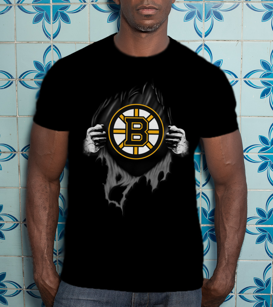 Boston Bruins Hockey Team Logo Peeking Through Torn Fabric T-Shirt