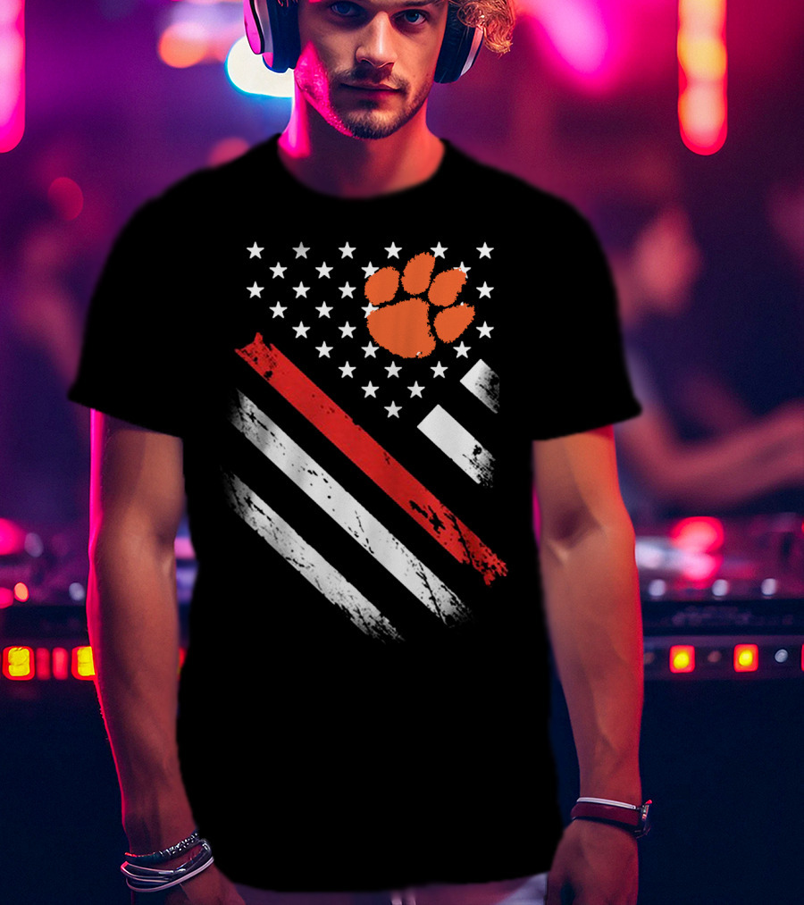 Clemson Tigers Football American Flag Paw Print Stars Stripes T-Shirt