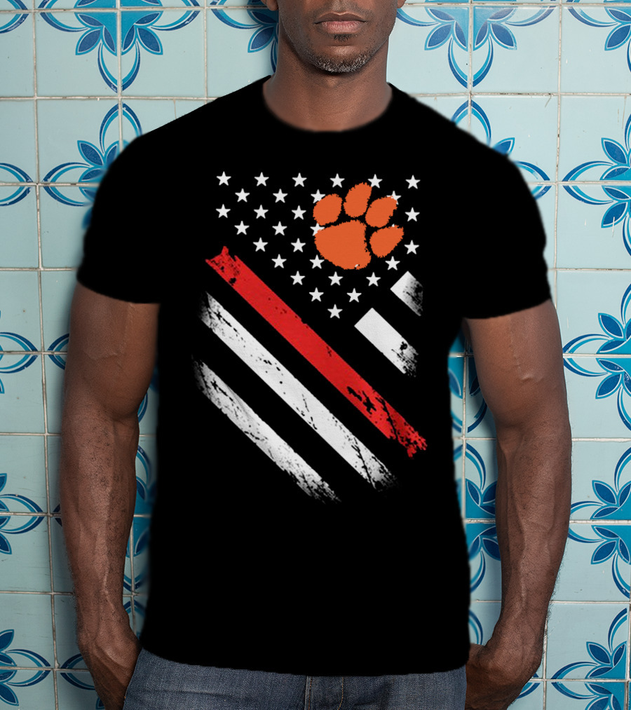Clemson Tigers Football American Flag Paw Print Stars Stripes T-Shirt