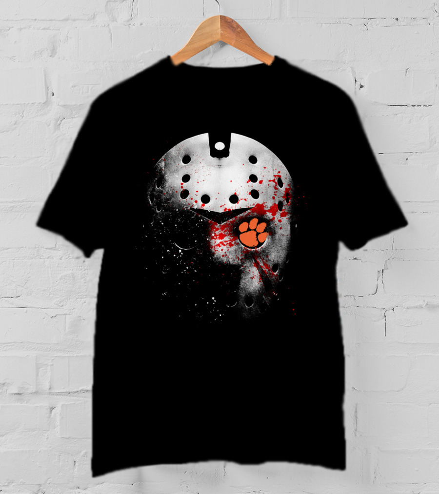Clemson Tigers Football Jason Voorhees Mask With Paw Print And Blood Splatter T-Shirt